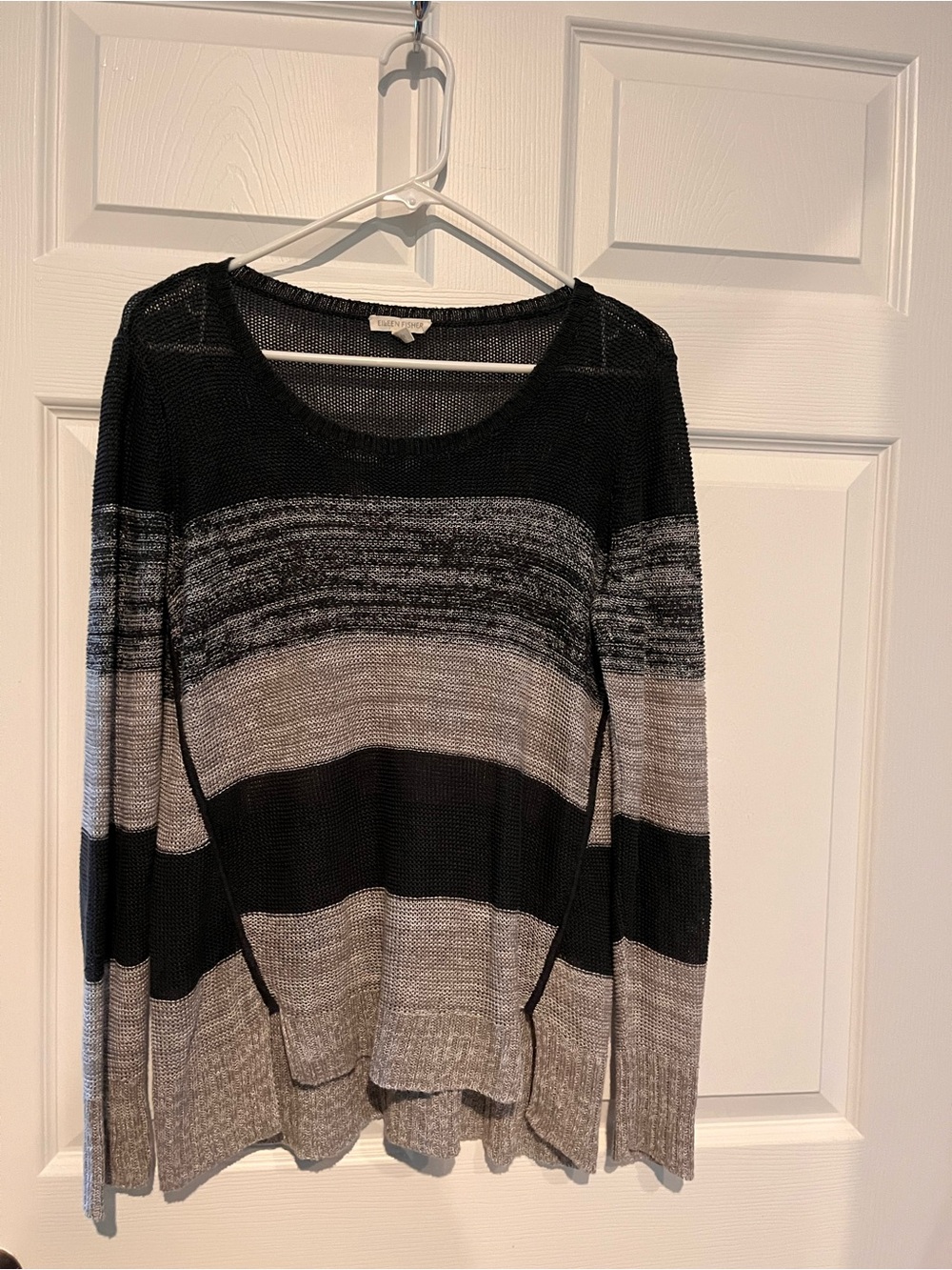 Striped Lightweight Organic LinenSweater - Black & Gray Eileen Fisher